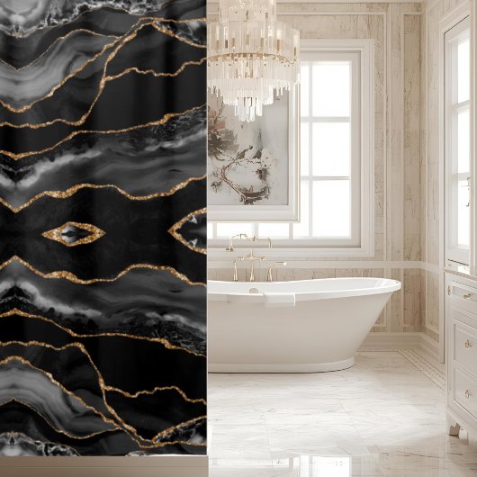 Posh Black Gray Gold Marble Crystal Geode Douchegordijn