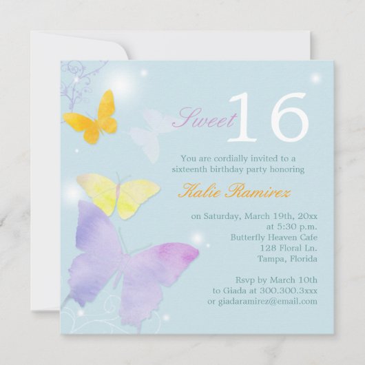 Posh Butterfly Bord Blue Sweet 16 Party Kaart (Voorkant)