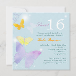 Posh Butterfly Bord Blue Sweet 16 Party Kaart