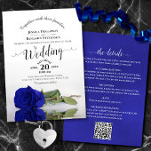 Posh Calligraphy Royal Blue Roos QR Code Huwelijk Kaart