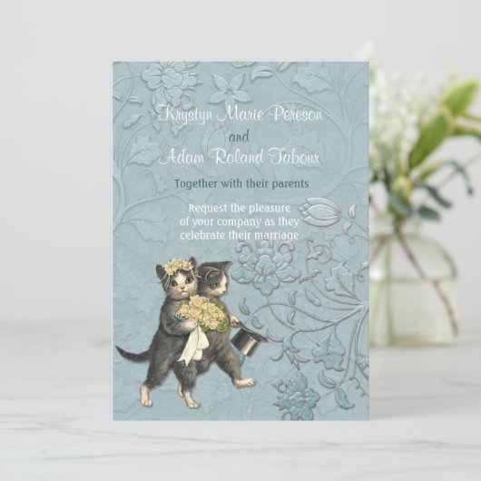 Posh Cats Aqua Blue bruiloft uitnodiging (Staand voorkant)