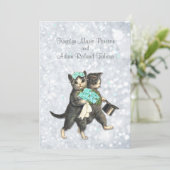 Posh Cats Aqua - Silver Sparkle Wedding Invitation Kaart (Staand voorkant)