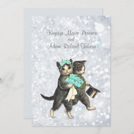 Posh Cats Aqua - Silver Sparkle Wedding Invitation Kaart (Voorkant / Achterkant)