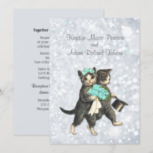 Posh Cats Aqua - Silver Sparkle Wedding Invitation Kaart