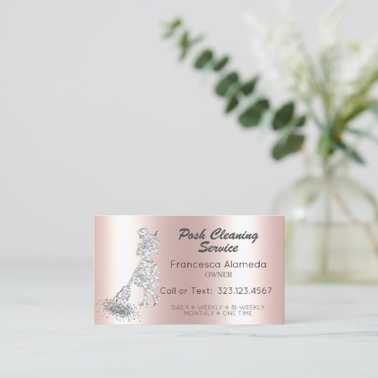 Posh Cleaning Service Roze Metallic Silver Glitter Visitekaartje (Staand voorkant)