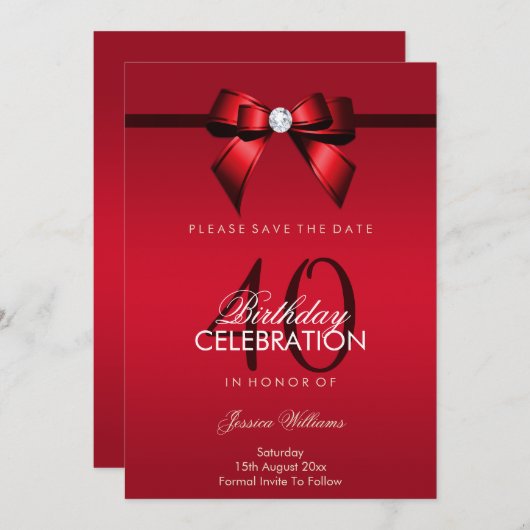 Posh Gem Bow & Lint 40e Verjaardag Save The Date (Voorkant / Achterkant)