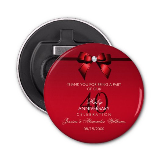Posh Gem Bow & Ribbon 40th Wedding Jubileum Button Flesopener (Voorkant)