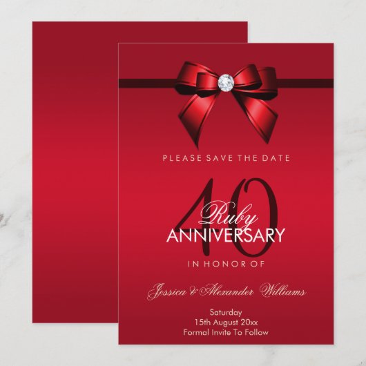 Posh Gem Bow & Ribbon 40th Wedding Jubileum Save The Date (Voorkant / Achterkant)
