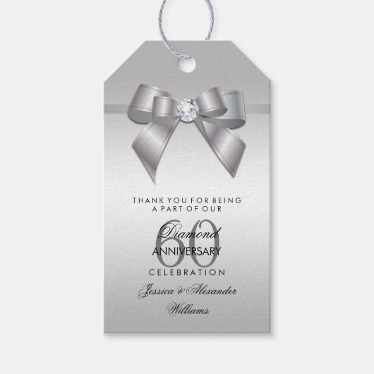 Posh Gem Bow & Ribbon 60th Wedding Jubileum Cadeaulabel (Voorkant)