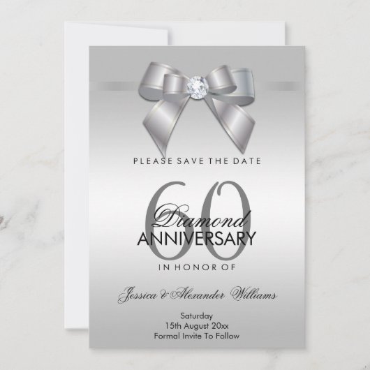 Posh Gem Bow & Ribbon 60th Wedding Jubileum Save The Date (Voorkant)