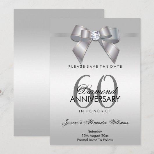 Posh Gem Bow & Ribbon 60th Wedding Jubileum Save The Date (Voorkant / Achterkant)