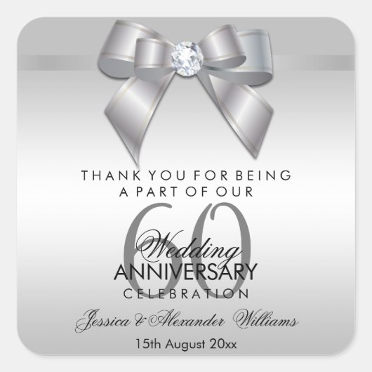 Posh Gem Bow & Ribbon 60th Wedding Jubileum Vierkante Sticker (Voorkant)