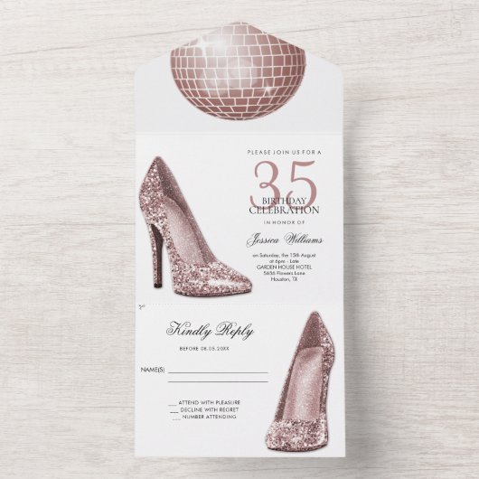 Posh Glitzy Roos Goud 35ste Verjaardagsfeest All In One Uitnodiging (Binnen)