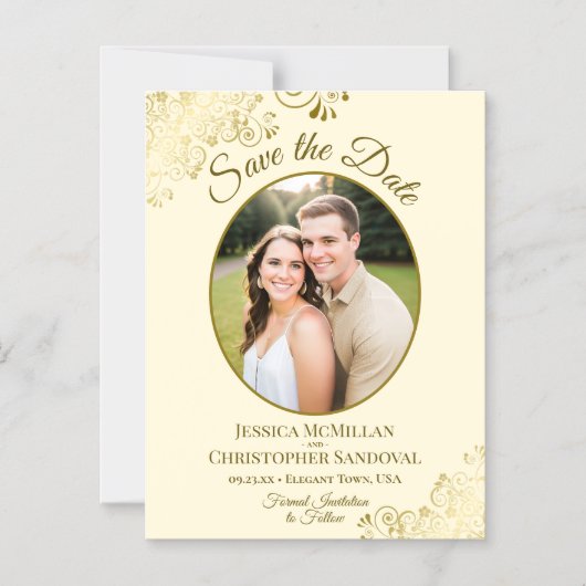 Posh Gold & Cream Wedding Save the Date Oval Photo Magnetische Uitnodiging (Voorkant)