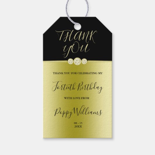 Posh Goud & Zwart Elegante Diamanten 40e Verjaarda Cadeaulabel (Voorkant)