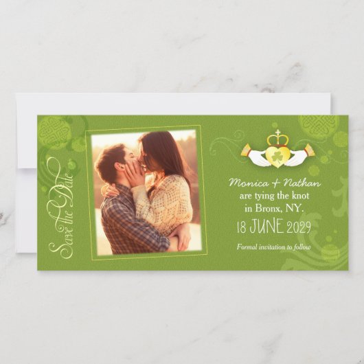 Posh Green Irish Wedding Foto Save the Date Kaart (Voorkant)