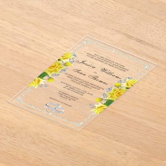 Posh ingelijst, diamanten ringen en gele rozen bru acryl uitnodigingen (Laagn)