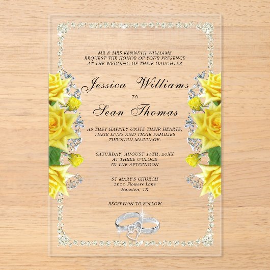 Posh ingelijst, diamanten ringen en gele rozen bru acryl uitnodigingen (Voorkant)