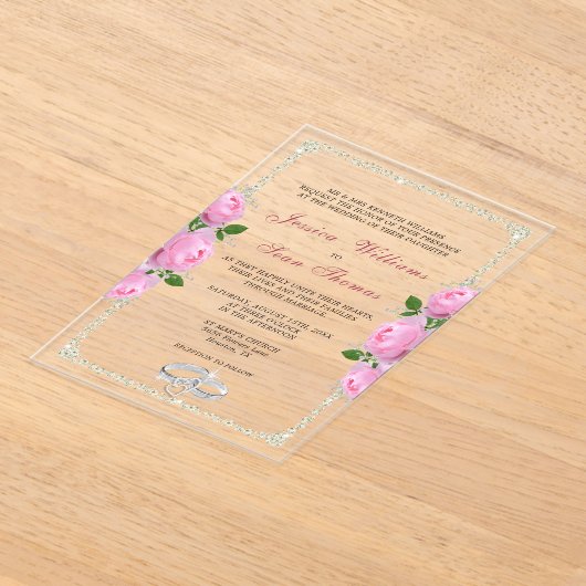 Posh ingelijst diamanten ringen & roze rozen bruil acryl uitnodigingen (Laagn)