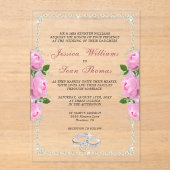 Posh ingelijst diamanten ringen & roze rozen bruil acryl uitnodigingen (Voorkant)