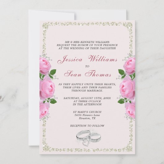 Posh ingelijst diamanten ringen & roze rozen bruil kaart (Voorkant)