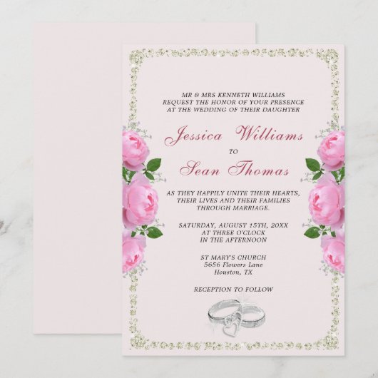 Posh ingelijst diamanten ringen & roze rozen bruil kaart (Voorkant / Achterkant)