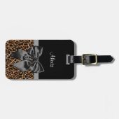 Posh Leopard Print Elegant Black Bow and Name Bagagelabel (Voorkant horizontaal)