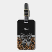 Posh Leopard Print Elegant Black Bow and Name Bagagelabel (Voorkant verticaal)
