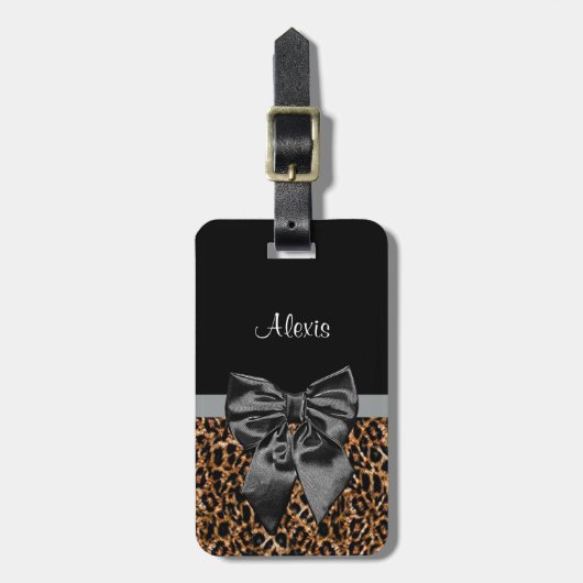 Posh Leopard Print Elegant Black Bow and Name Bagagelabel (Voorkant verticaal)