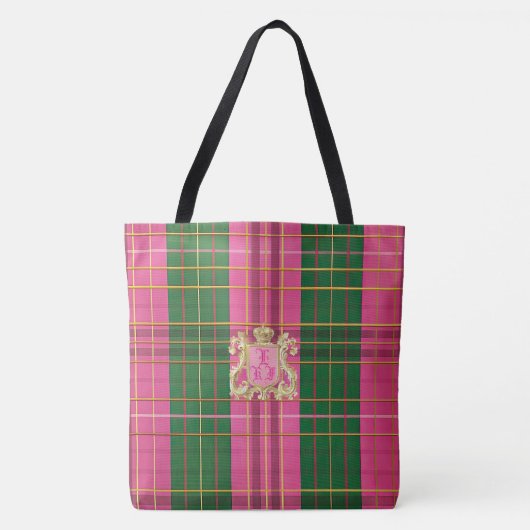 Posh Monogrammed Roze en Groen Plaid Canvas tas (Voorkant)