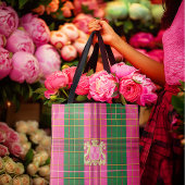 Posh Monogrammed Roze en Groen Plaid Canvas tas