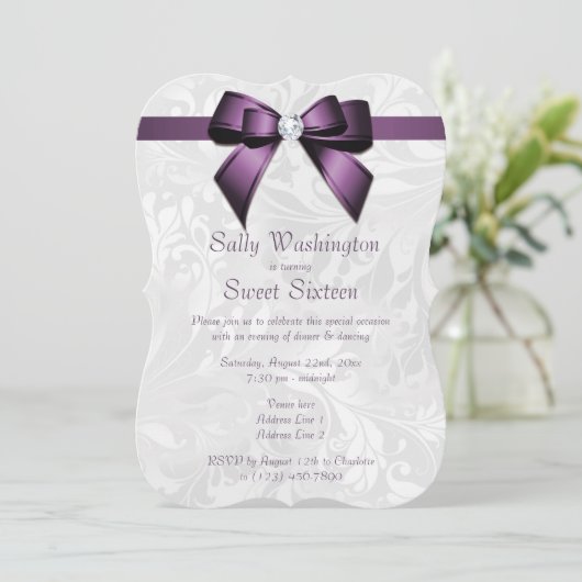 Posh Paarse Diamond Bow & Damask Sweet 16 Kaart (Staand voorkant)