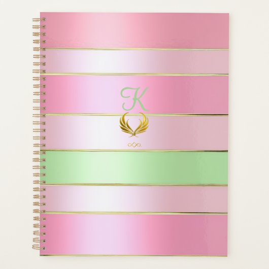 Posh Pastel Pink and Green Striped Planner (Voorkant)