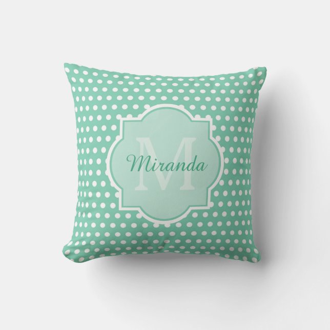 Posh Polka Dots Mint Green Monogram en Naam Kussen (Voorkant)