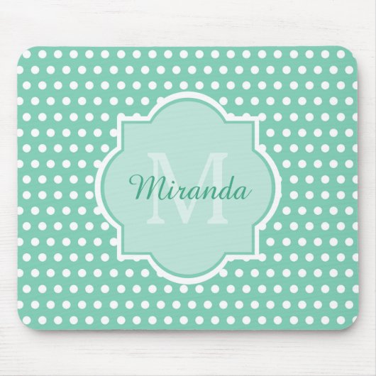 Posh Polka Dots Mint Green Monogram en Naam Muismat (Voorkant)