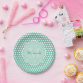 Posh Polka Dots Mint Green Monogram en Naam Papieren Bordje (Feest)