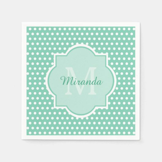 Posh Polka Dots Mint Green Monogram en Naam Servet (Voorkant)