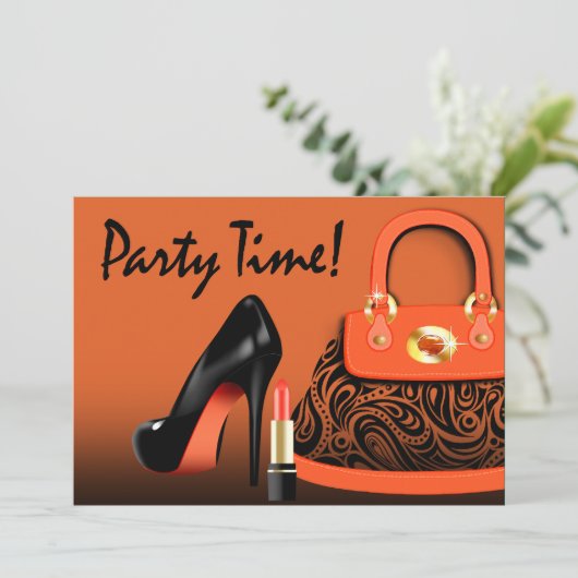 Posh Purse, High Heels and Lipstick Girls Party Kaart (Staand voorkant)