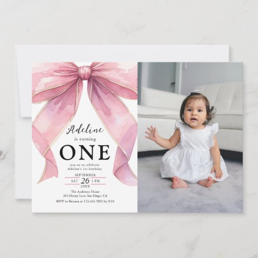 Posh Roze Foto Coquette Bow 1e verjaardag Kaart (Voorkant)