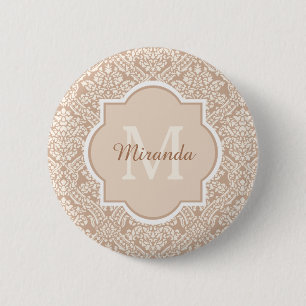 Posh Tan Damask Patroonmonogram met naam Ronde Button 5,7 Cm