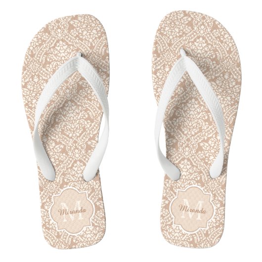 Posh Tan Damask Patroonmonogram met naam Teenslippers (Voetbed)
