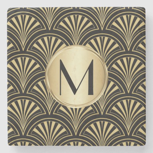 Posh zwart en goud deco fans monogrammed stenen onderzetter (Voorkant)