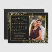 Posh Zwart & Goud Kalender Foto Opslaan Datum Magn Magnetische Uitnodiging (Voorkant / Achterkant)