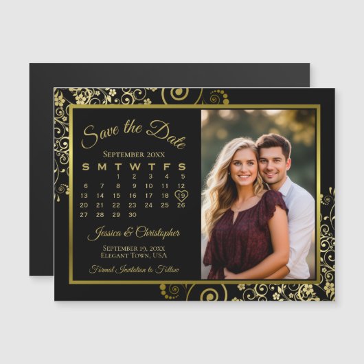 Posh Zwart & Goud Kalender Foto Opslaan Datum Magn Magnetische Uitnodiging (Voorkant / Achterkant)