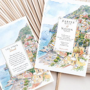 Positano Amalfi Coast Aquarel Trouwuitnodiging Kaart