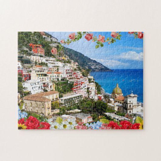 Positano Amalfi Coast Italië met bloemvoorgrond Legpuzzel (Horizontaal)