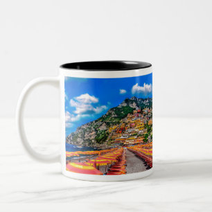 Positano Beach Italy Cliff Homes Amalfi Travel Tweekleurige Koffiemok