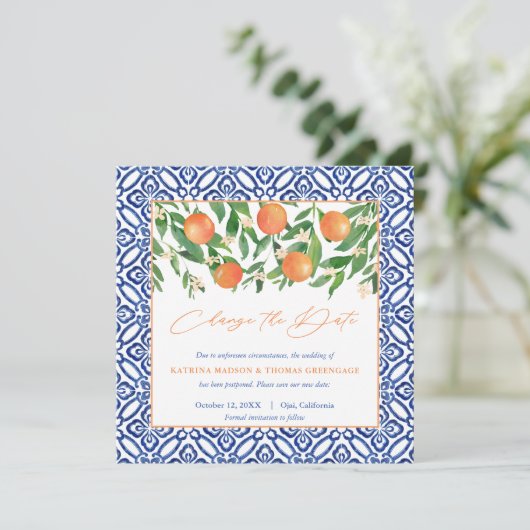 Positano Blauwe Tegels Zoete Sinaasappels Verander Save The Date (Staand voorkant)