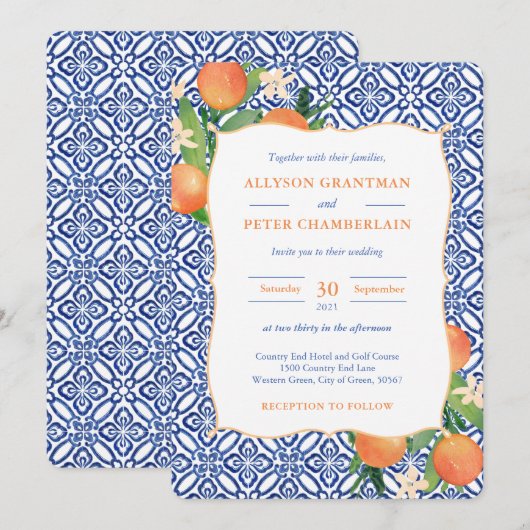 Positano Blue Tegels Sinaasappels Citrus Wedding Kaart (Voorkant / Achterkant)