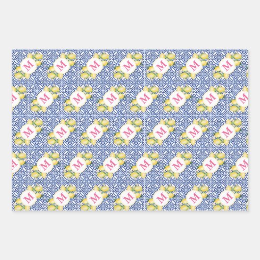 Positano Citroenen Monogram Blauw Wit Tegel Patroo Inpakpapier Vel (Voorkant)